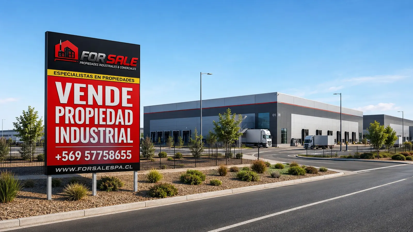 Letrero de ForSale frente a una bodega logística: vende propiedad industrial